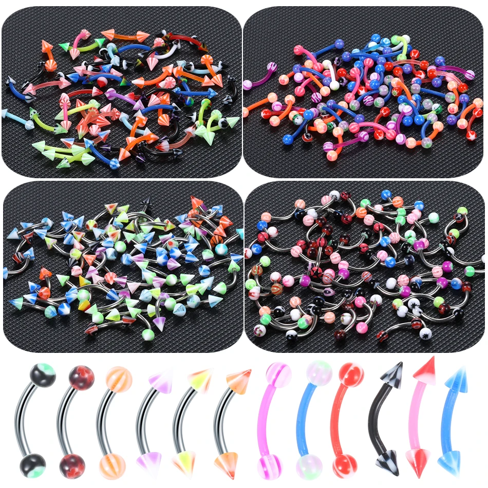 

60pcs/lot Steel Eyebrow Piercing Banana Lip Ring Curved Barbell Stud Navel Piercings Cartilage Helix Earring Body Jewelry 16G