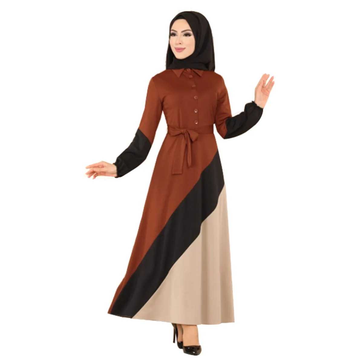 

Mandylandy Muslim Striped Slim Fit Patchwork Dress Women's Casual Long Sleeve High Waist O-Neck Lace Up Single Breasted Dress