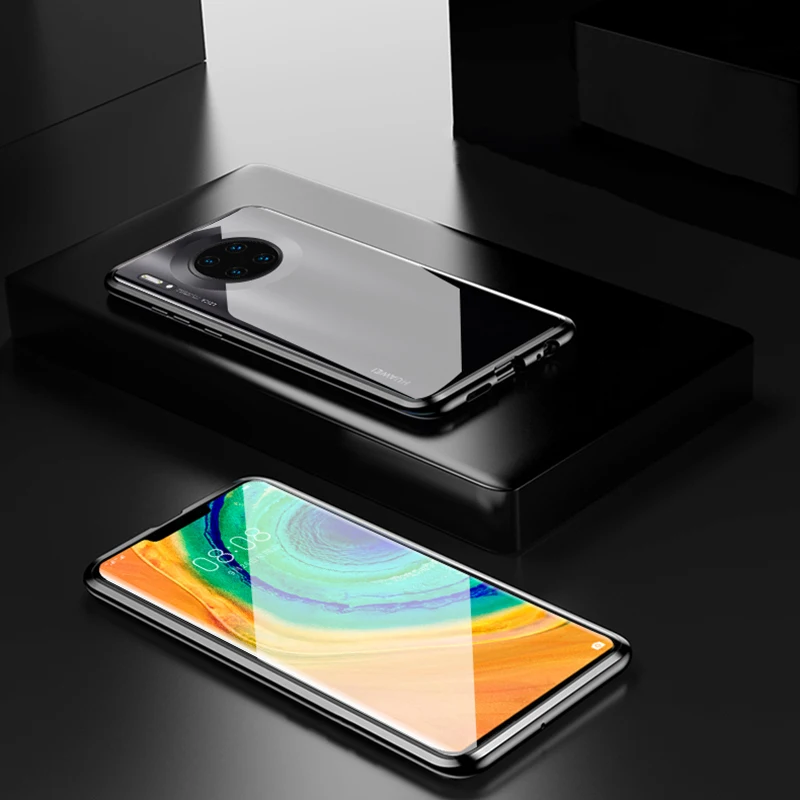 Роскошный защитный Магнитный чехол на весь корпус для huawei P30 P20 lite Pro 360, задняя крышка из закаленного стекла huawei mate 30 20 Pro Чехол - Цвет: Черный
