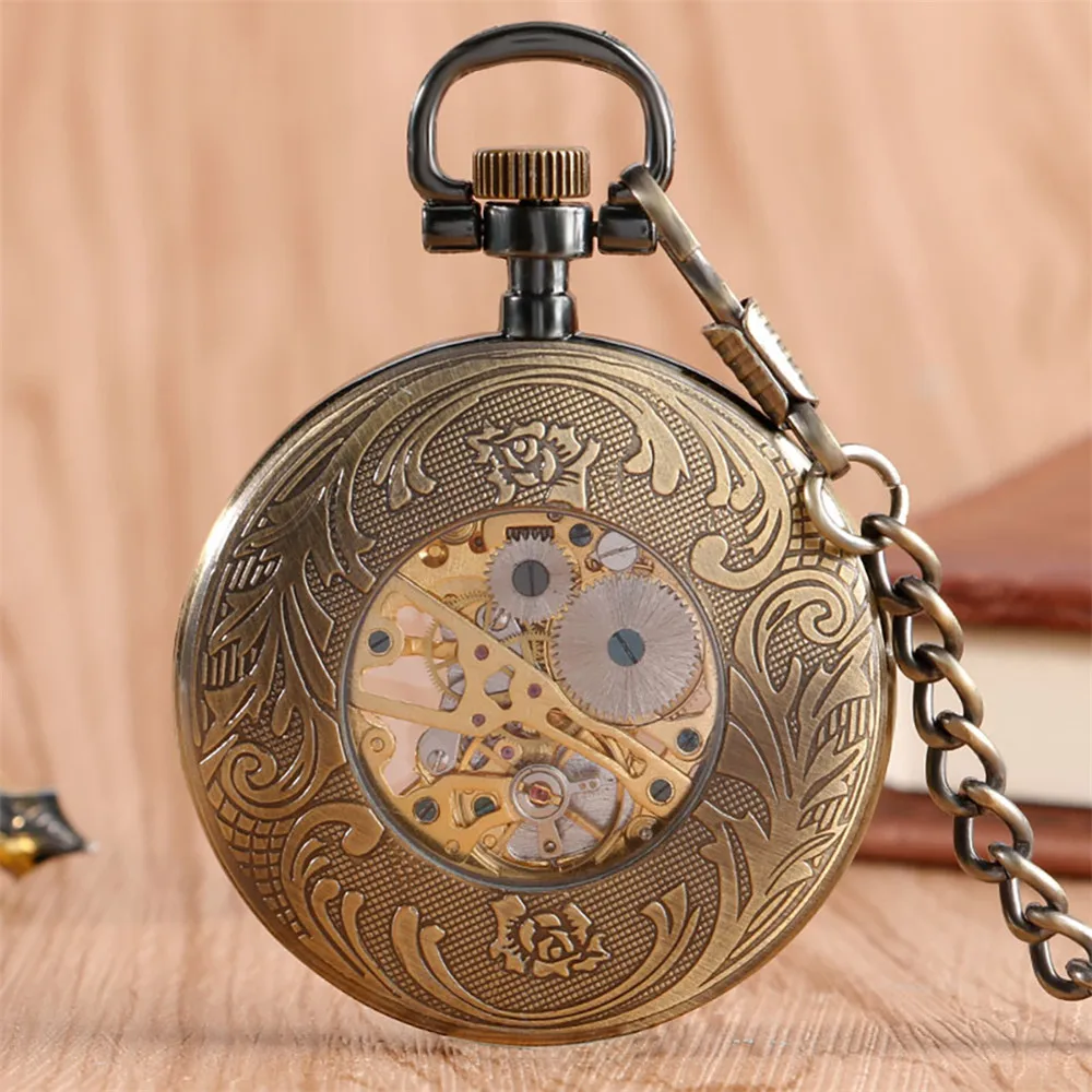 Roman Numerals Open Face Pendant Mechanical Pocket Watch Flower Pattern Display Bronze Manual Mechanical Antique Pocket Clock