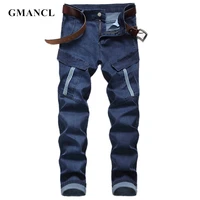 men hip hop multi pocket cargo stretch slim fit straight jeans streetwear motorcycle male cotton solid casual denim pants