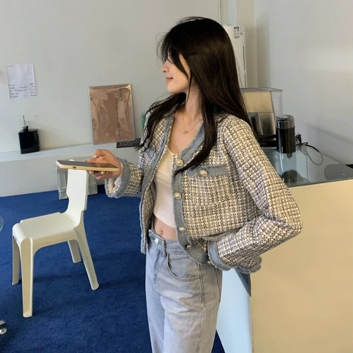Tweed Tassel Edge Short Stitching Coat 2021autumn Retro Casual Fashion Top Women Rac | Женская одежда