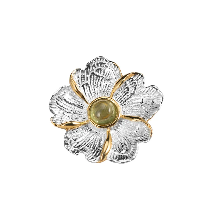 Женская/Мужская брошь в виде лотоса из натурального турмалина серебра 925