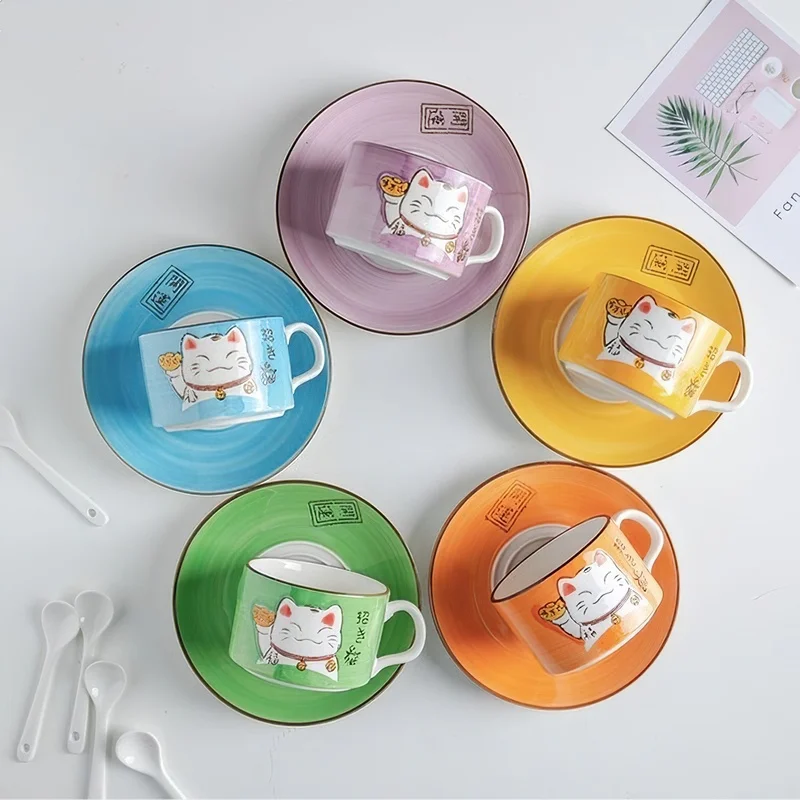 

Japanese Multicolor Lucky Cat Coffee Cup Saucer Spoon Set Gift Box Home Gift Cartoon Cup Water Cup Tea Cup Drinking Set