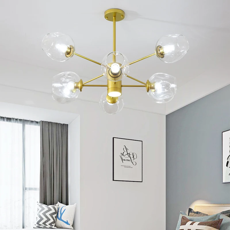 

Modern Gold Metal E27 Led Chandelier Dining Table Glass Globe Led Chandelier Lighting Nordic Living Room Suspension Lamp Fixture