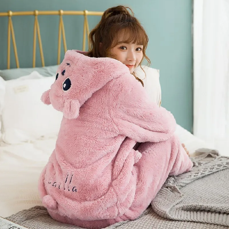 Женская Фланелевая пижама с капюшоном и медведем теплая Домашняя одежда из