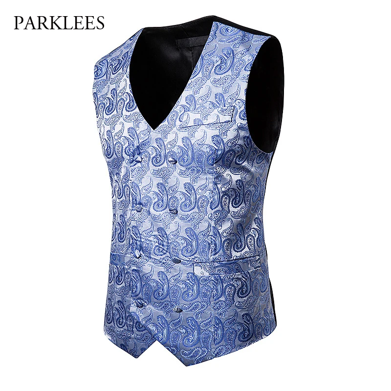 Деловой мужской темно синий жилет с узором пейсли 2019 брендовый приталенный v