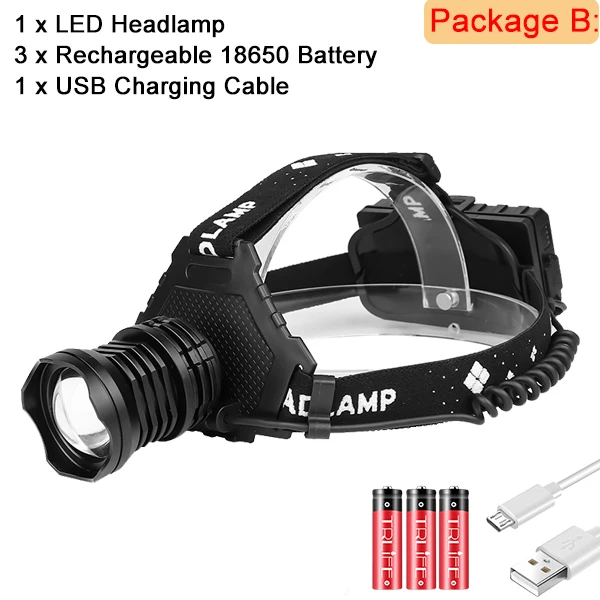 Package B Реальный 6200LM XHP70 светодиодный налобный фонарь USB Перезаряжаемый XHP50 очень яркий фонарь Lanterna Водонепроницаемый внешний аккумулятор использовать 3x18650 - Испускаемый цвет: Package B