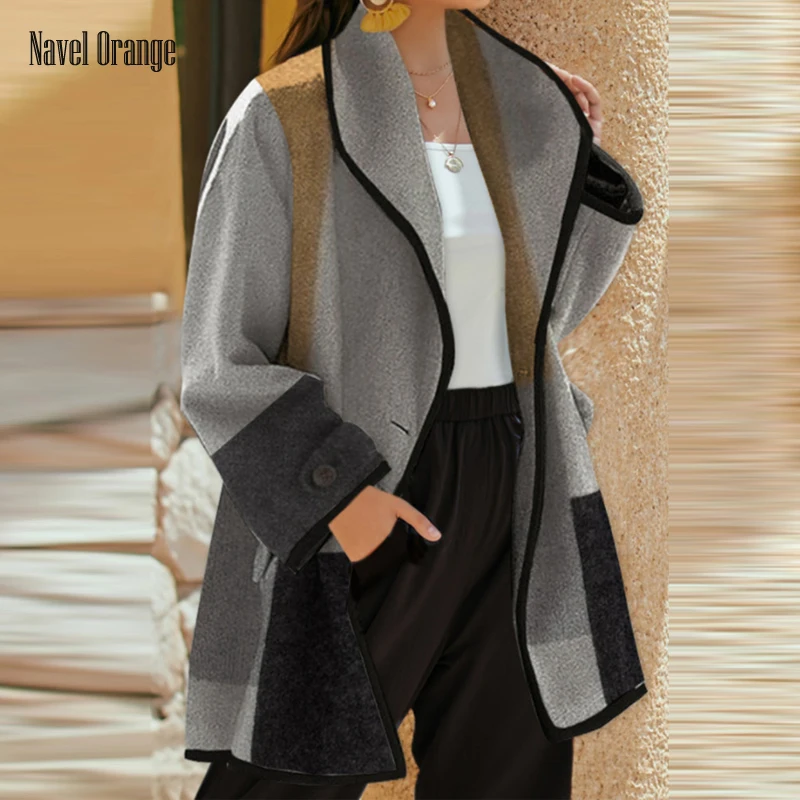

Женское свободное шерстяное пальто, клетчатое пальто с отложным воротником и длинным рукавом, уличная одежда в стиле пэчворк, Осень-зима 2021