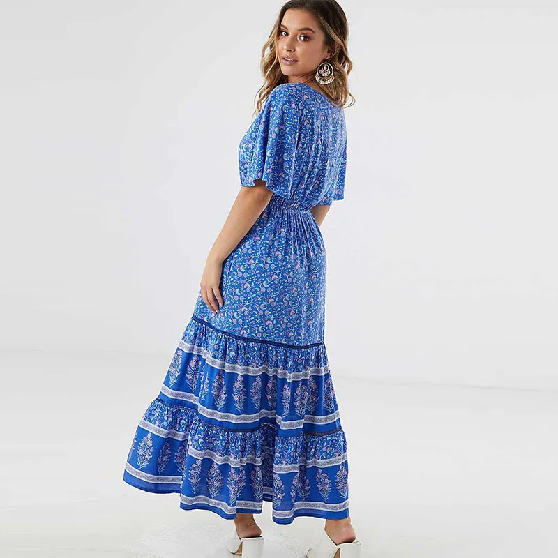 

Indie Folk Fashion Women Print Maxi Dress 2020 Summer Casual V-neck Ruffles Loose Dresses