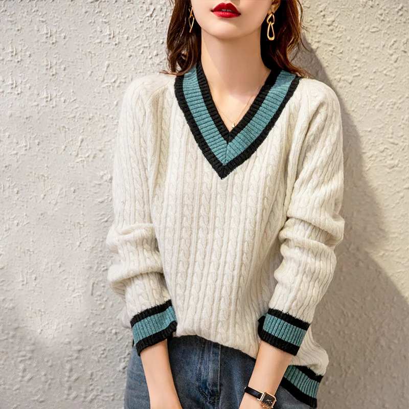

Cashmere Sweater Women V-Neck Knit Thicken 2021 Autumn Winter Short Large Size Twist 65%Wool Pullover European Goods Base Blouse