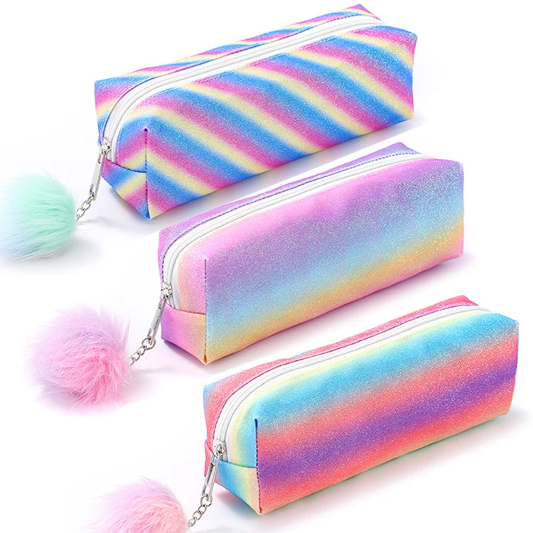 

Glitter Pencil Case Rainbow Pencil Bag with Kawaii Plush Ball for School Supplies Korean Stationery Cosmetic Bag