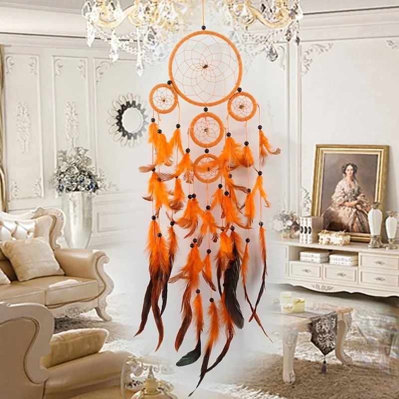 

Ретро Ловец снов с пятью кольцами, скандинавский ветер с перьями, Ловец снов ручной работы, настенное украшение для дома и автомобиля, подве...