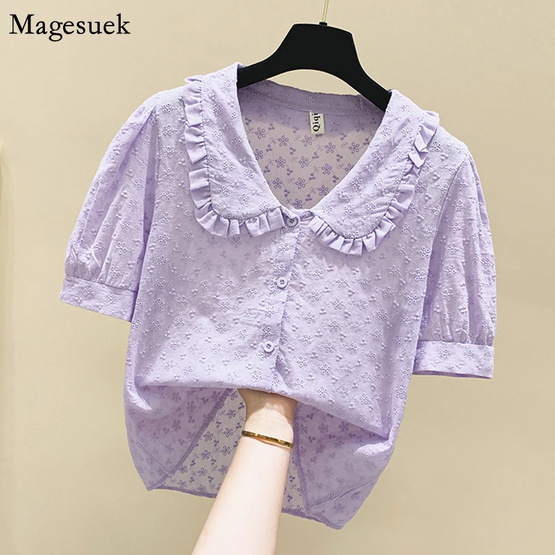 

Sweet Embroidery Hollow Flower Woman Shirt Puff Short Sleeve Turn-down Collar Summer Blouses Women Casual Plus Size Tops 14954