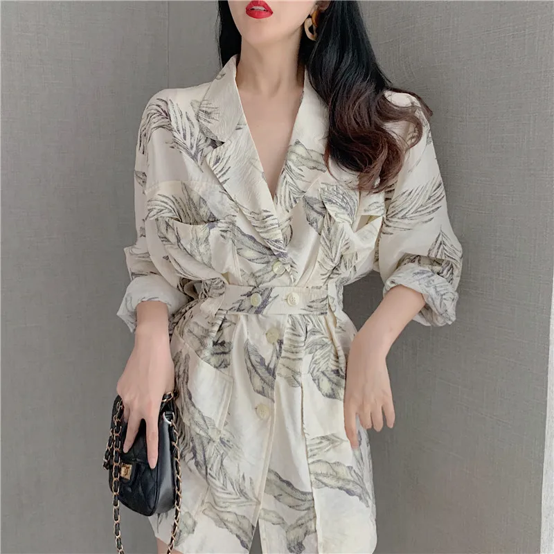 RUGOD New Women Thin Blazers Cotton And Linen Pockets Casual Coat Stylish Print Oversize Tunic Blazer Buttons Temperament