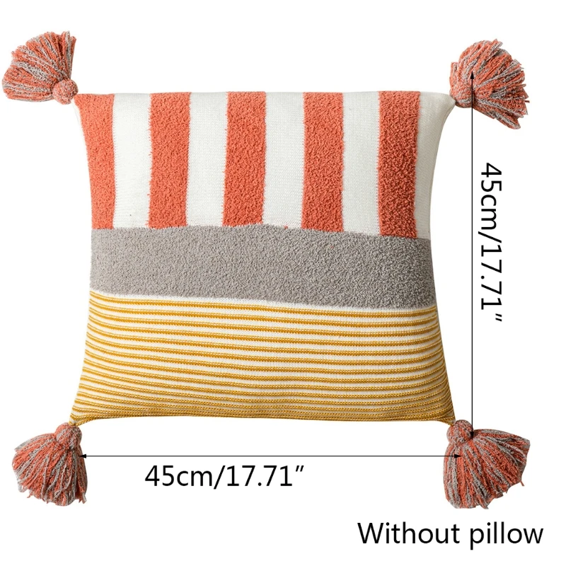 

Nordic Style Tassels Accent Boho Throw Pillow Case Multicolor Patchwork Woven Tufted Striped Decorative Cushion Cover