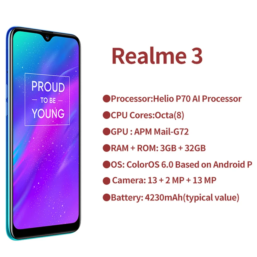 RU версия REALME 3 6 2 ''Dewdrop Android P ГБ 32 смартфон Восьмиядерный процессор Helio P70 AI 4230