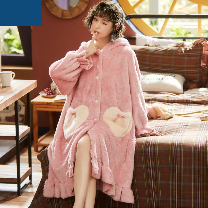 Pajamas Female Autumn and Winter New Plush Thickened Cardigan Robe Korean Version of The Cute Rabbit Ears Bathrobe Warm Suit