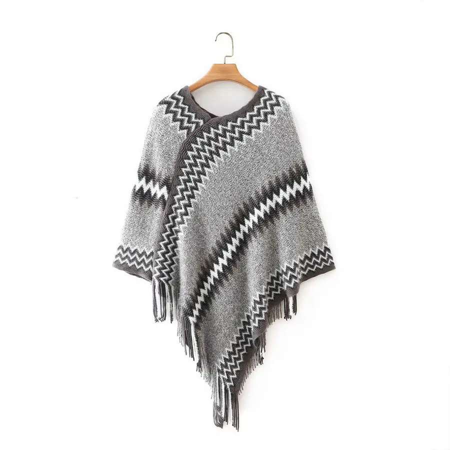 

Autumn Women Cozy Tribal Style Cape With Tassels Pullover Sweater Gray Wavy Line Pattern Oversized Fringe Poncho Pull Knitwear