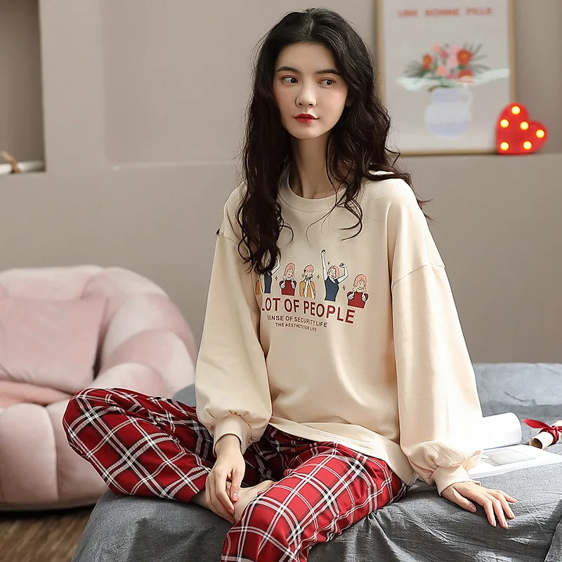 

Pajamas Ladies Spring Autumn 100% Cotton Long-Sleeved Round Neck Pullover Autumn Loose Home Service Sleepwear Pijama Mujer