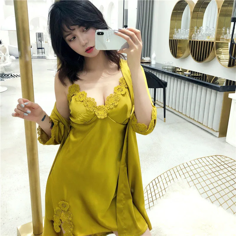 gold 2 pcs Зимняя Новая мода 4 шт. пижамы для женщин атласные шелковые пижамы наборы sexyl ace халат платье набор Femme сексуальная пижама с нагрудной накладкой - Цвет: gold 2 pcs