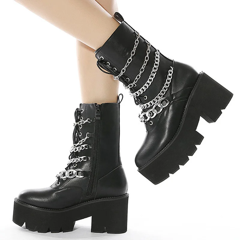 

Women Leather Boots 2021 Autumn Lace-Up Motorcycle Boot Chain Gothic Shoes Ladies Ankle Bootie Rivet Chunky High Platform Bota