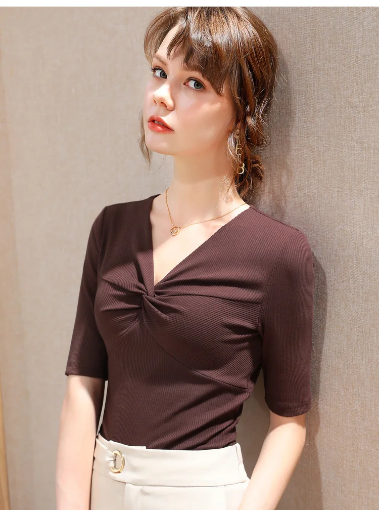

Women Slim Modal T Shirts V Neck Casual Half Sleeved Good Elastic Female Top Tees Solid Color Brown Black Blue