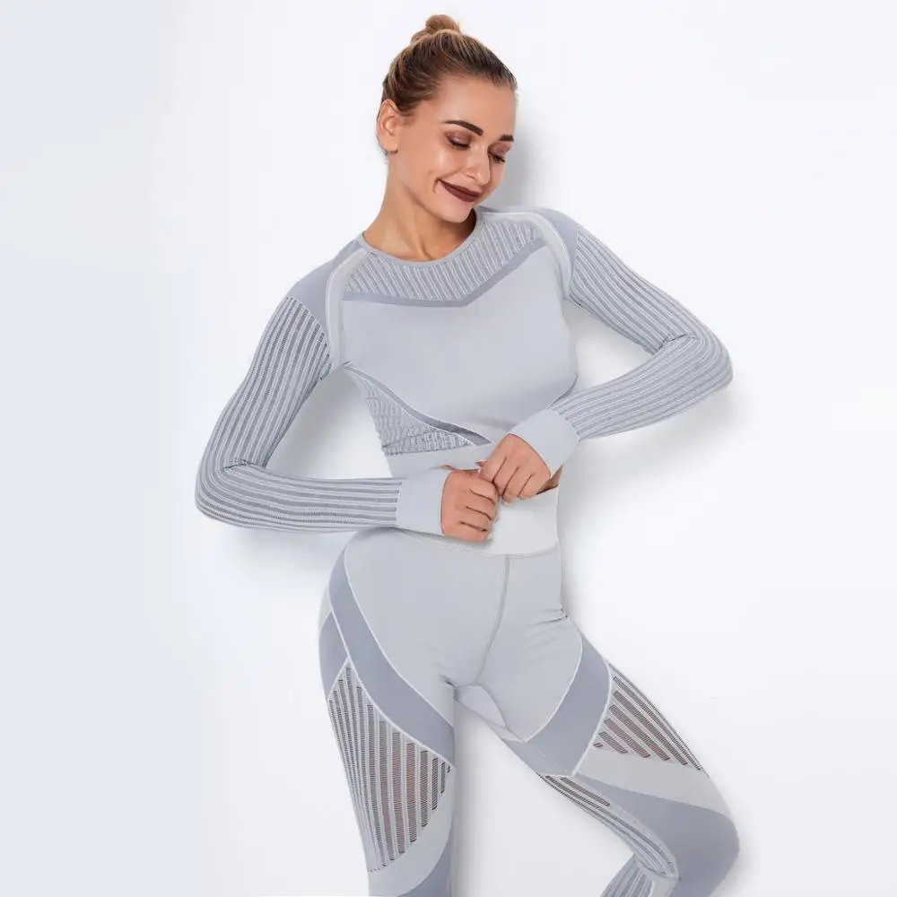 

Seamless Yoga Fitness Net Hole Sweat-Absorbing Women'S Yoga Set Sports Long-Sleeved + Leggings Striped Fitness Yoga Suit