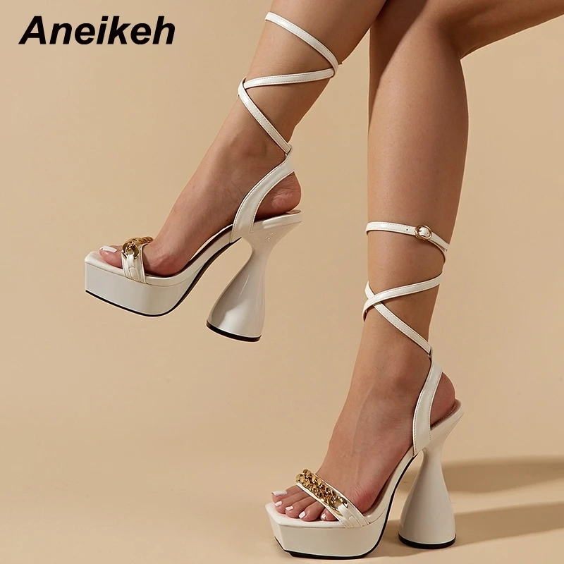 

Aneikeh 2022 Women Shoes GLADIATOR Metal Decorations Fashion Ankle-Wrap Thin Heels Solid Patent Leather Party White Size 36-41
