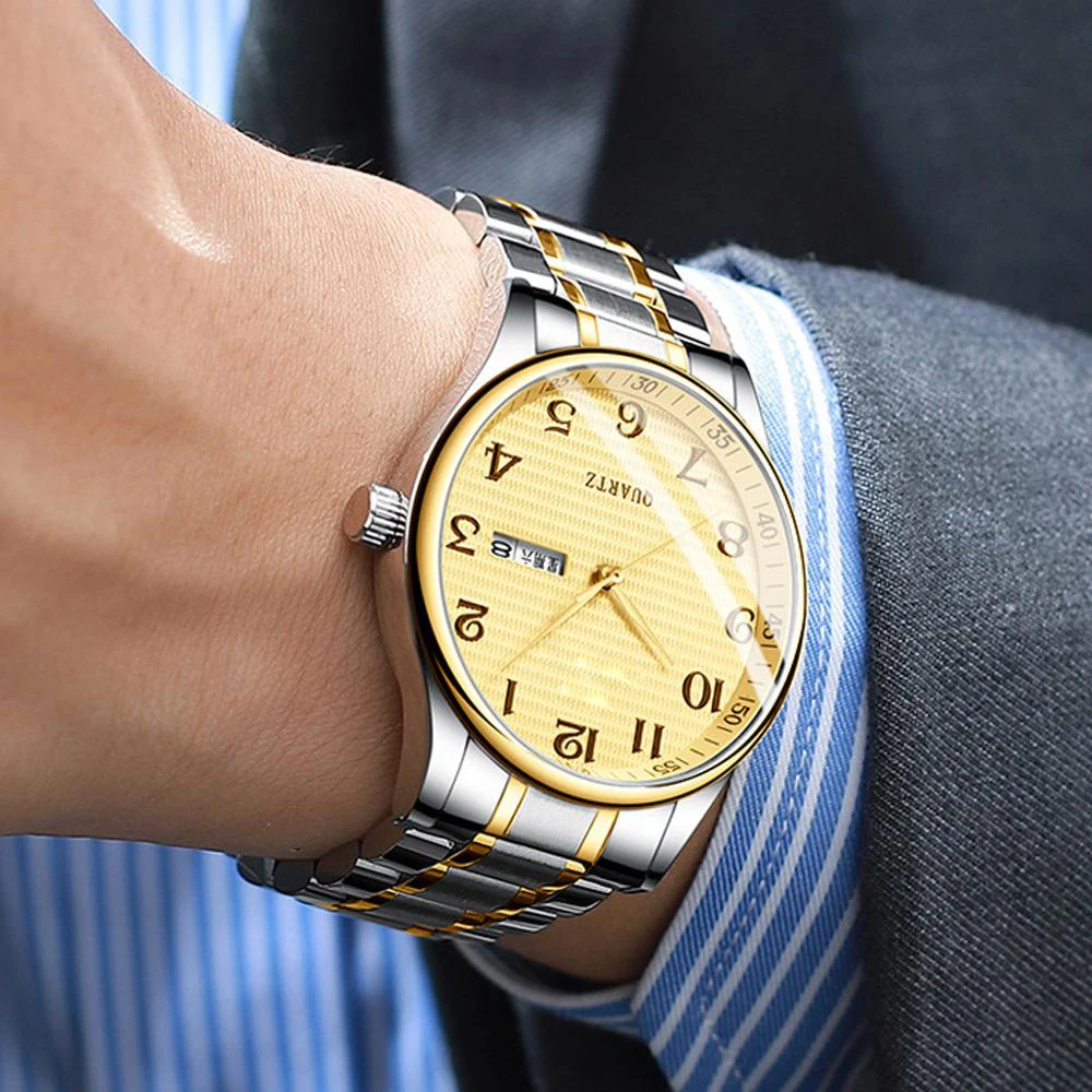 

Fngeen 2020 Mens Watches Quartz Wristwatch For Men Hour Two -Tone Steel Waterproof Clock Male Time Date Week Analog Display Mont
