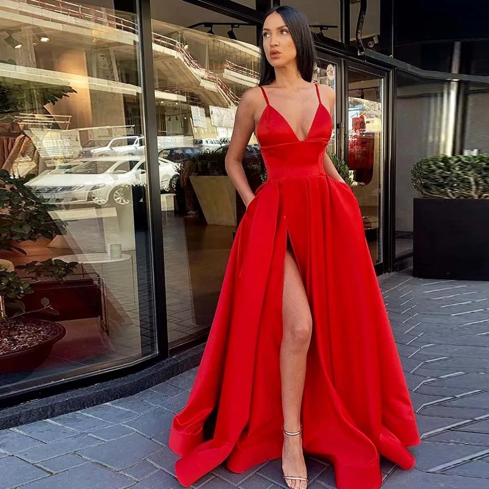 Сексуальное длинное вечернее платье с бретельками Красное Атласное Вечернее