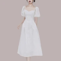 2021 new korean fashion white fairy dress ladies summer 2021 lantern sleeve corset sheer midi elegant dresses for women party