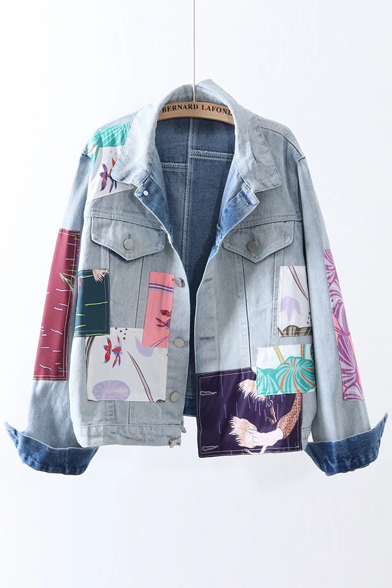 

Harajuku port style women's denim jacket trendy ins short female 2020 new loose student patch printed gown