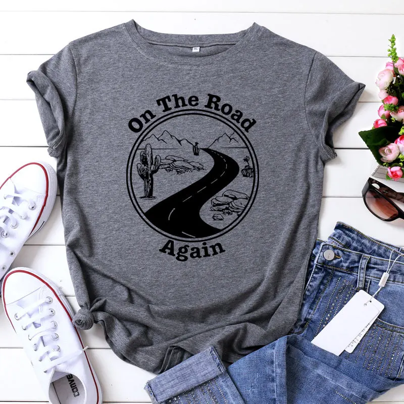 Модная футболка с надписью The Road Again женская из 100% хлопка круглым вырезом и