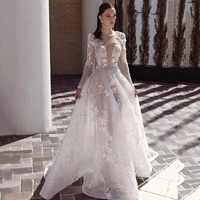 sparky tulle sexy wedding dresses glitter long sleeve lace bride dress 3d flowers backless castle boho wedding gowns robe mariee