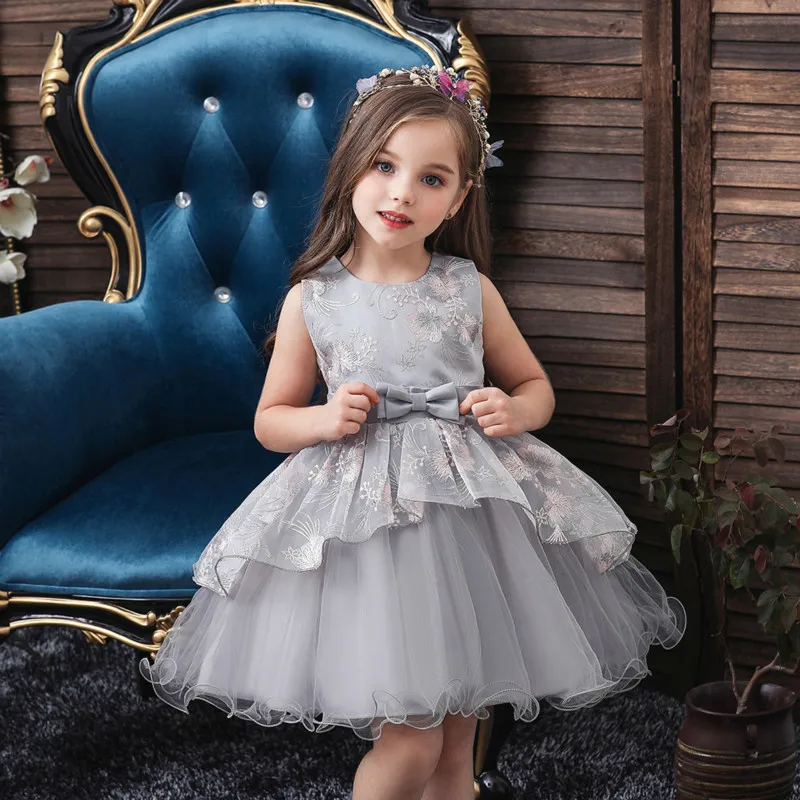 2019 Autumn New Baby Girl Princess Dress Children Sleeveless Gauze Embroidered Lace O-neck Soild Cotton Bow Knee Full | Детская одежда