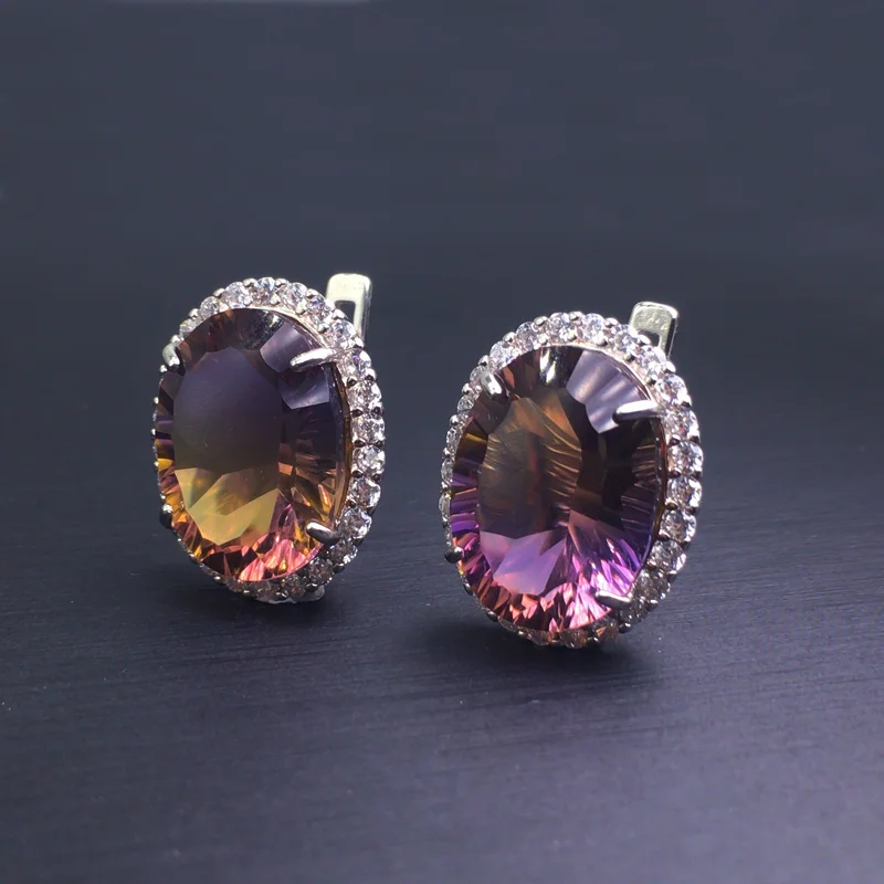 Большая кварцевая серьга CSJ с камнем Аметрин серебро 925 пробы вогнутая огранка 12*16