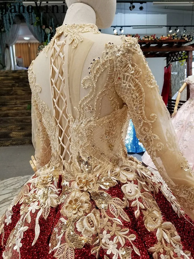 

JaneVini Arabic Muslim Burgundy Wedding Dresses Sequined Beaded Pearls Long Sleeve High Neck Gold Appliques Bridal Ball Gowns
