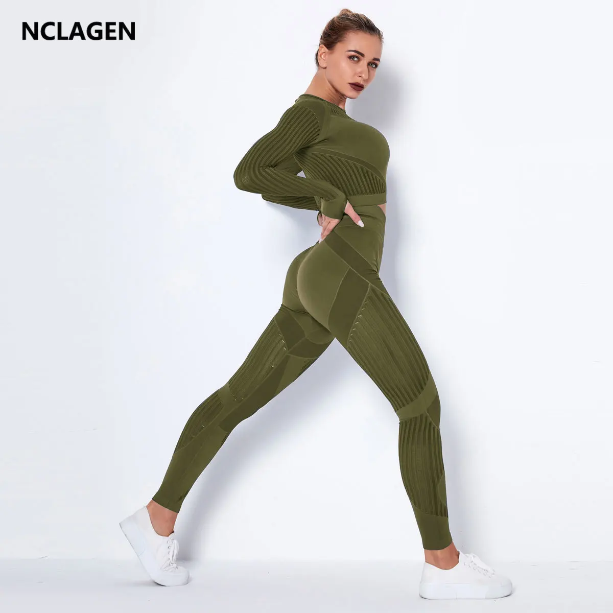 

NCLAGEN бесшовный костюм для фитнеса, Женский комплект из 2 частей, Леггинсы для йоги, топ, сетчатая дышащая Спортивная одежда для бега, тренировок в тренажерном зале
