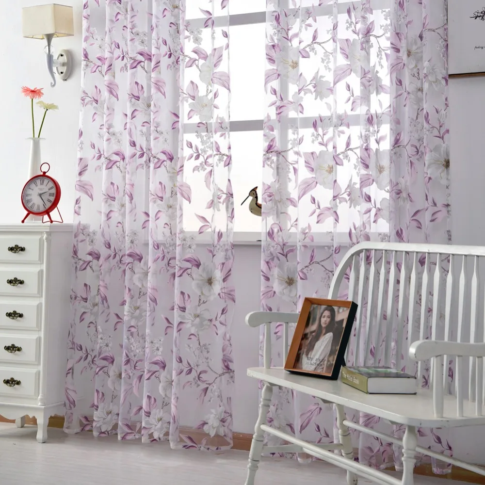 Floral Tulle Curtain For Living room Bedroom Printed Voile Sheer Window Treatment Purple for Kitchen Blinds Drapes | Дом и сад