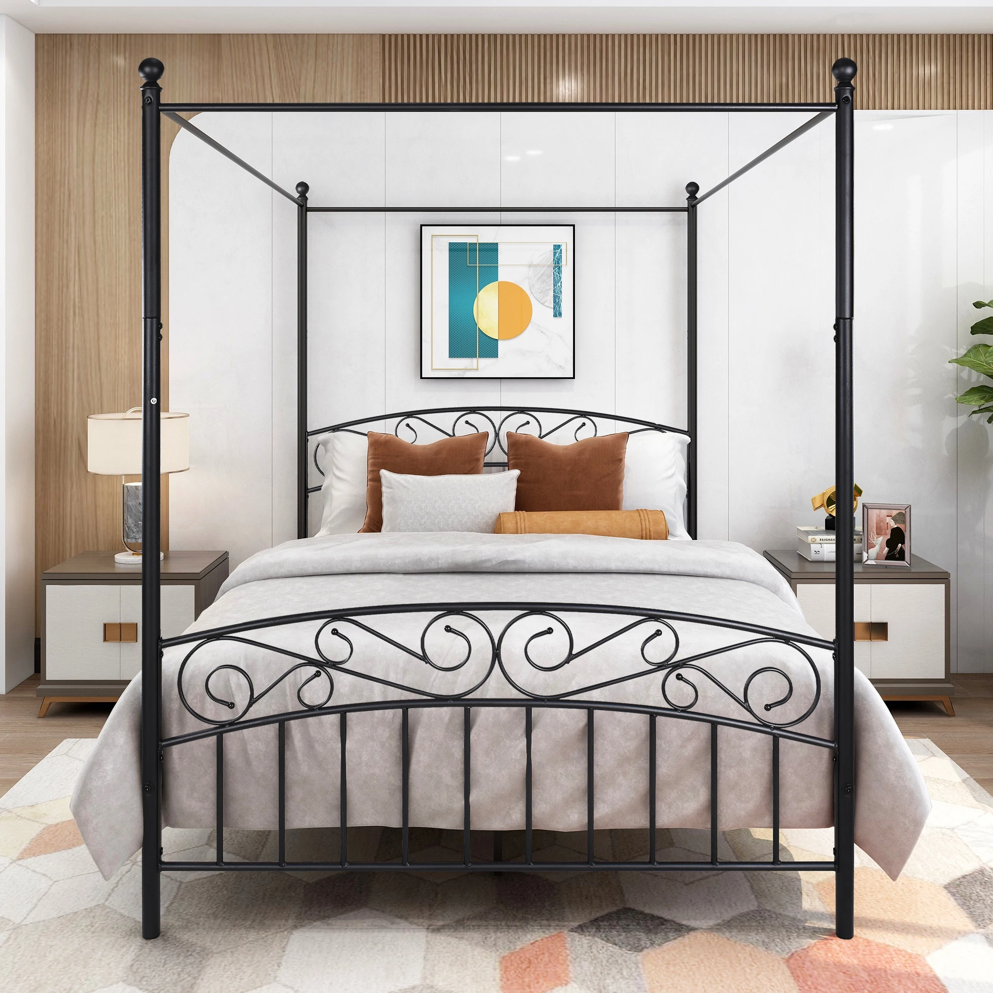 Queen/Full Size 4-Post Metal Canopy Bed Frame Vintage Style Black/White[US-Stock]