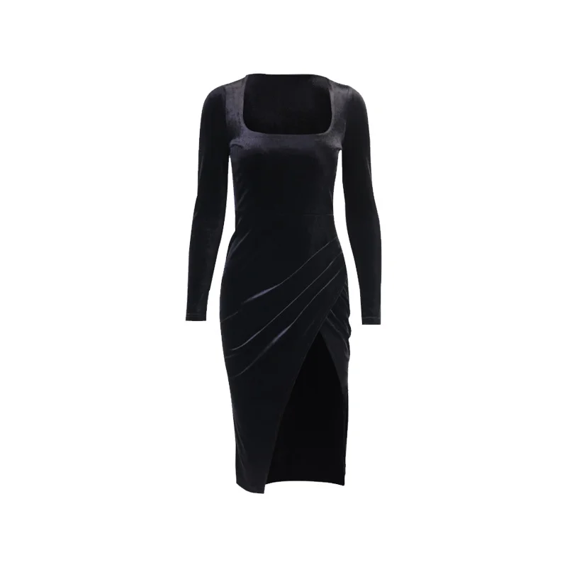 

WOMENGAGA French Square Neck Long Sleeve Black Sexy High Split Dress Women Fashion Slim Velvet Mid-length Dresses KQUL