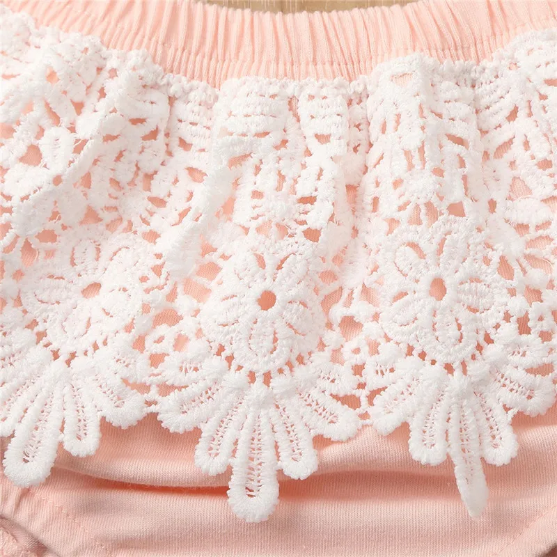 

Summer Newborn Baby Girls Clothes Set Off Shoulder Tops T Shirt+ Lace Triangle Shorts Pants+Headband 3PCS Outfit 0-2Y