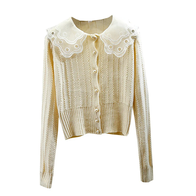 

Sweet Doll Collar Pearl Single-Breasted Knitted Cardigan Women's 2020 New Style Slim Cropped Sweater Students Jumper Pull