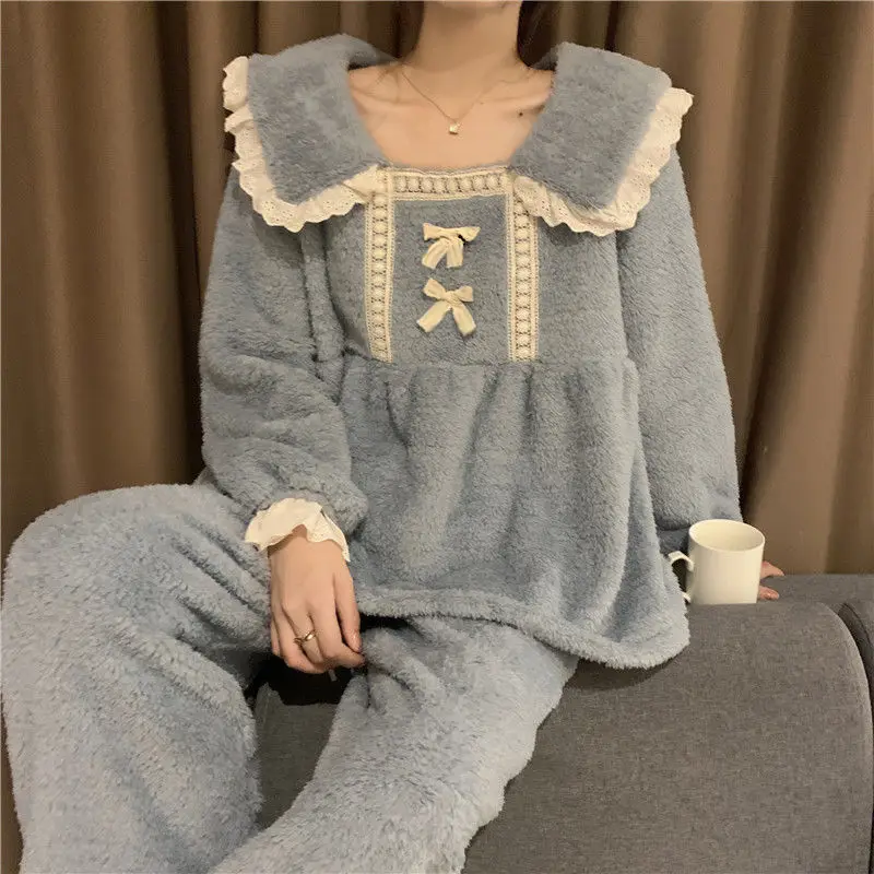 New Style Pajamas Women's Autumn and Winter Coral Plush Thickened Plush Lovely Warm Flannel Home Suit   Pajamas for Teen Girls