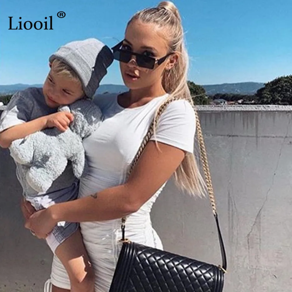 Liooil, сексуальное облегающее мини-платье с рюшами,, короткий рукав, о-образный вырез, черный, белый цвет, облегающие платья, женские вечерние платья для ночного клуба