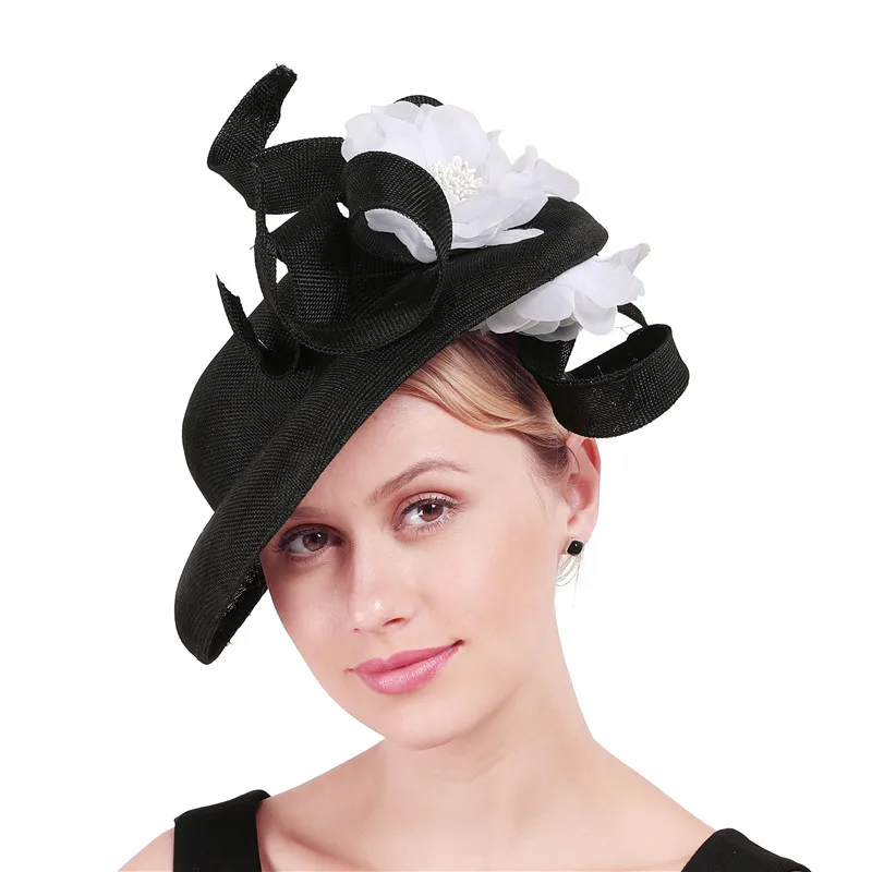 

New Vintage Royal Black Big Chapeau Hats Women Wedding Fascinator Hat Party With Nice White Floral Accessories Loops Headpiece