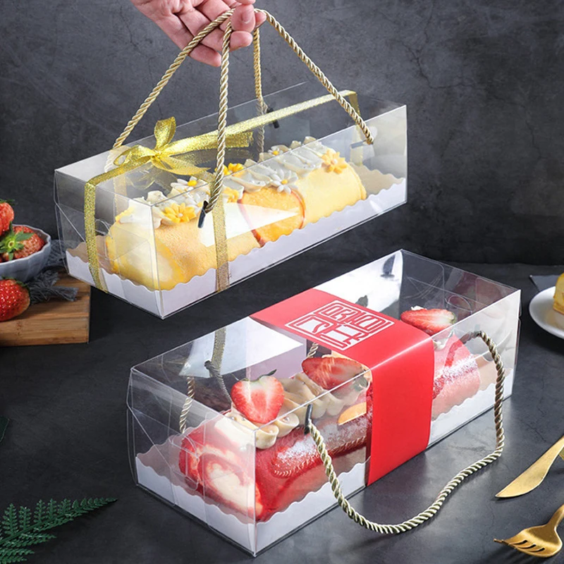 

10pcs Transparent Cake Box With Handle Cupcake Swiss Gift Clear Plastic Portable PET Packing Rectangle Gift Box Roll Long