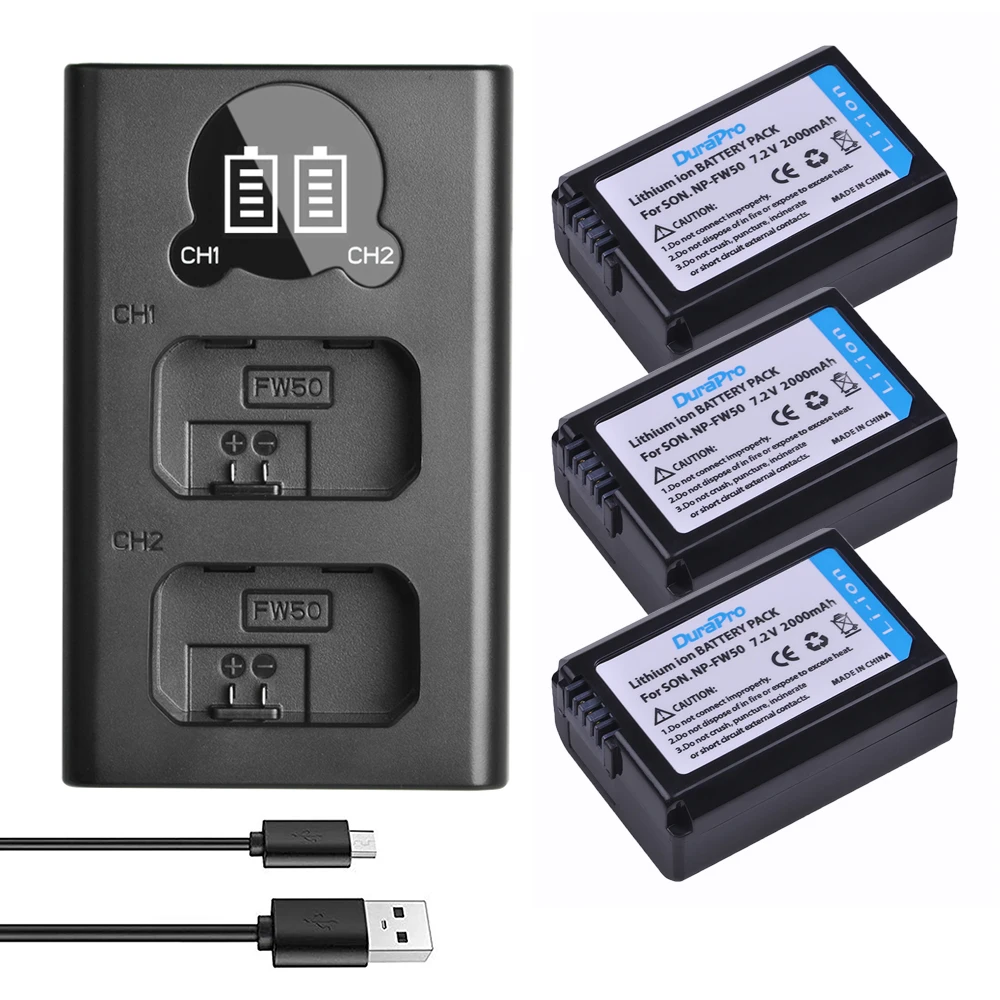 3x2000 мАч NP-FW50 NP FW50 Перезаряжаемые Батарея + usb-портами и светодиодным индикатором