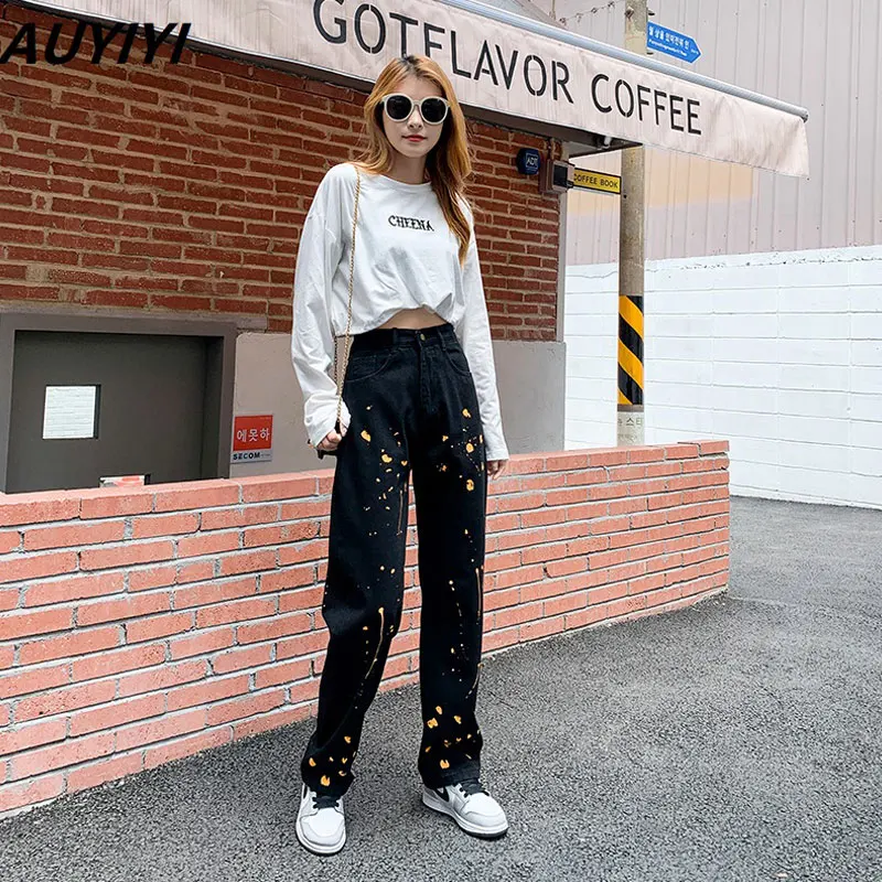 

Trendy Personality Plus Size Straight Jeans Korean Style High Street Casual Loose Fried Street Splashed Ink Wide Leg Pants